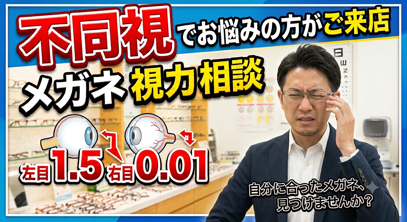 強烈な不同視（ガチャ眼）のお客様！こういうメガネに調整しました( ੭˙ᗜ˙)੭